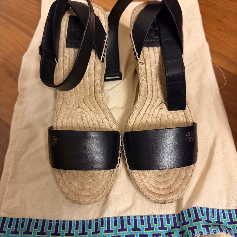 Tory Burch Black and Tan Espadrille Sandals